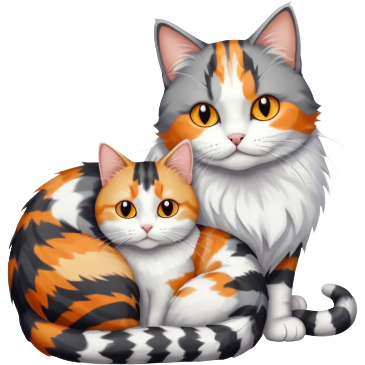 full body colourful light patched calico + white tabby cat cuddling a large grey and white cat  emoji