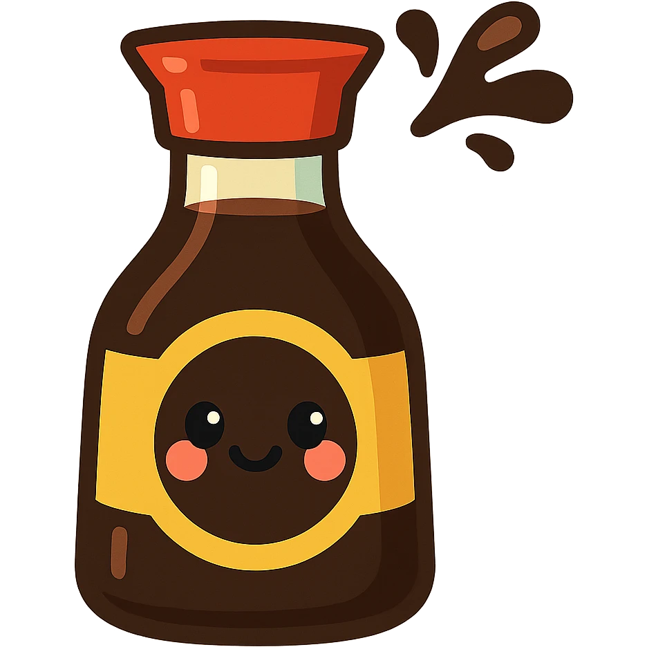 japanese soy sauce bottle, stylized, cartoon, cute, with a small splash emoji