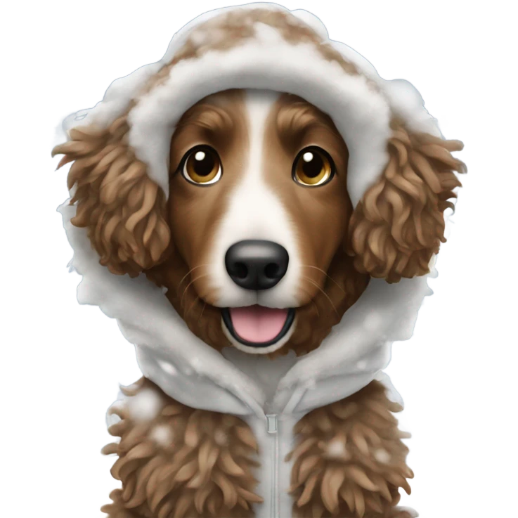 brown Aussie doodle in snow suit dancing like a human emoji