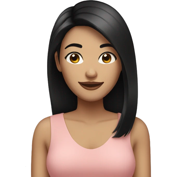 brunette woman with straight black hair below her shoulders, black eyes smiling emoji