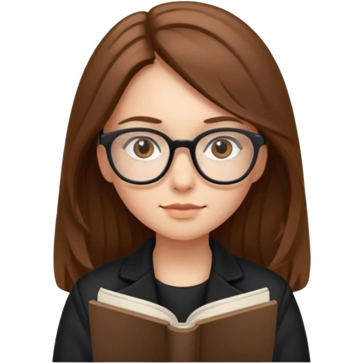 A girl with long brown hair and small reading glasses and black jacket  emoji