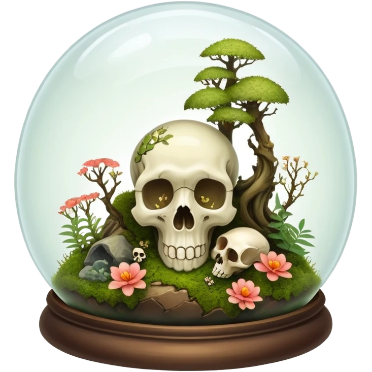Mystical woodland glass-dome-terrarium-globe with moss inside, with and an animal-cadaver-creature-skull inside, and flowers inside  emoji