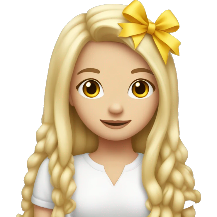 cute white girl, with yellow bow in her hair, long straight hair, hugging a Teddy bear emoji