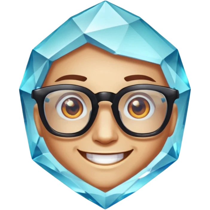 A single crystal gemstone character wearing glasses, chunky and irregular with faceted very sharp sides, smile, , high detail, emoji