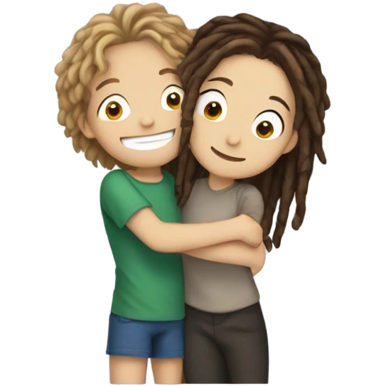 smiling boy with dreadlocks hugging a white girl with brunette hair and big eyes emoji