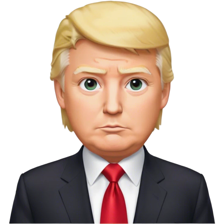 a detailed portrait of donald trump, focusing on his upper half. he has a distinctive hairstyle with combed-back blonde hair, a confident expression, and sharp features. wearing a dark suit, white shirt, and red tie, the image is set against a neutral background with soft, professional lighting emoji