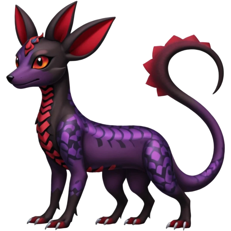 Gothic Black red purple Scaley Exotic Salandit-Umbreon-Houndoom-Fakémon-hybrid-creature (full body), 4 legs emoji