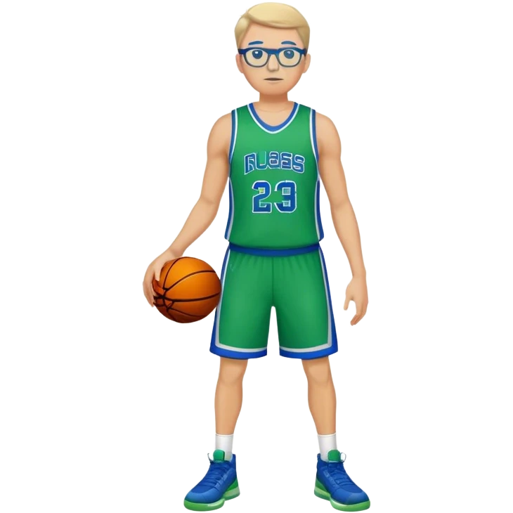 full body white male basketball wearing glasses in blue an green uniform emoji