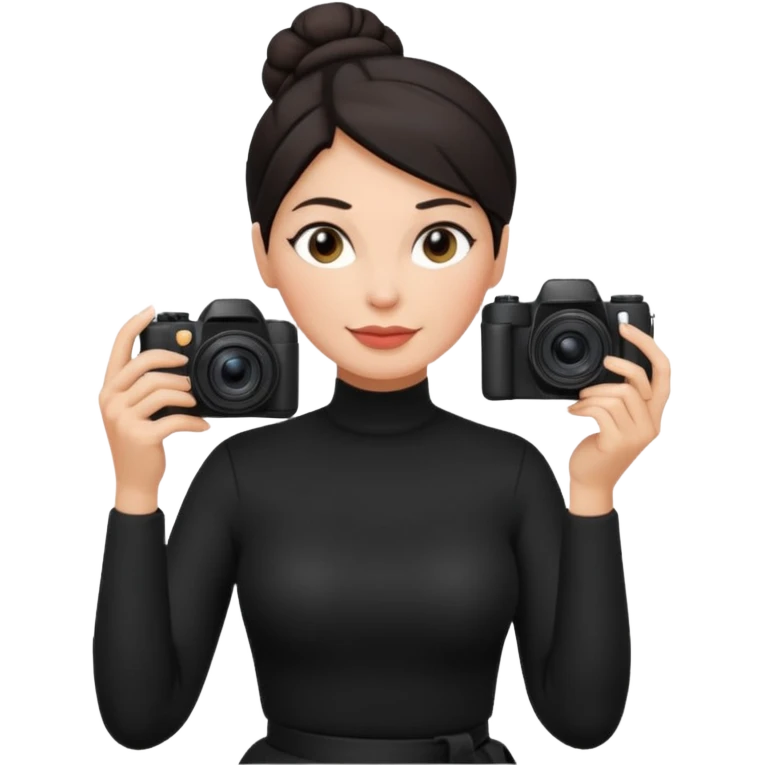 48 year old woman photographer with dark hair in a bun, wearing black clothes emoji