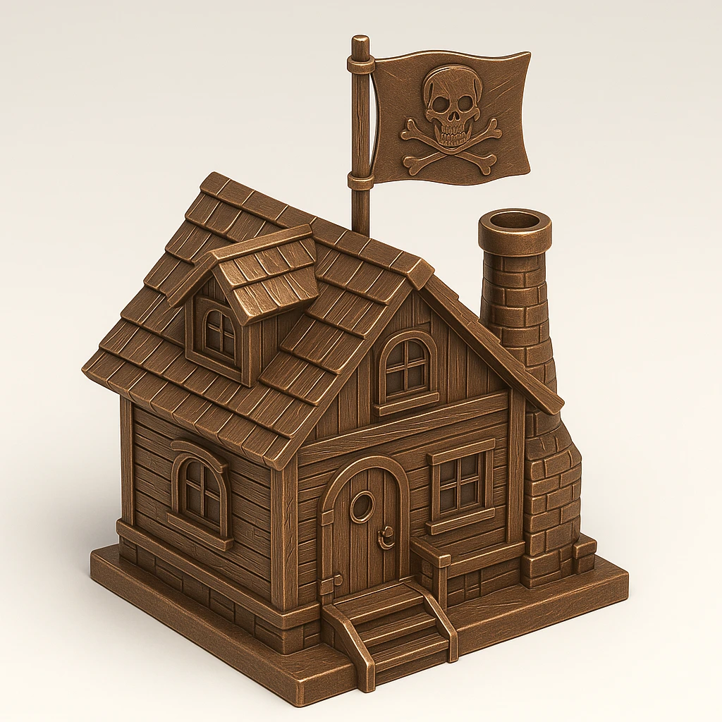 old pirate's house with skull flag emoji
