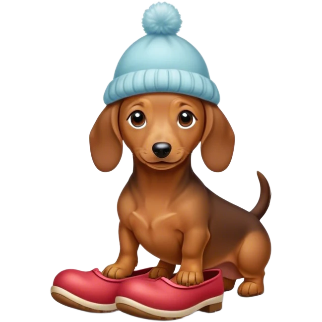 Small and tiny dachshund in cozy shoes and little pretty hat. emoji