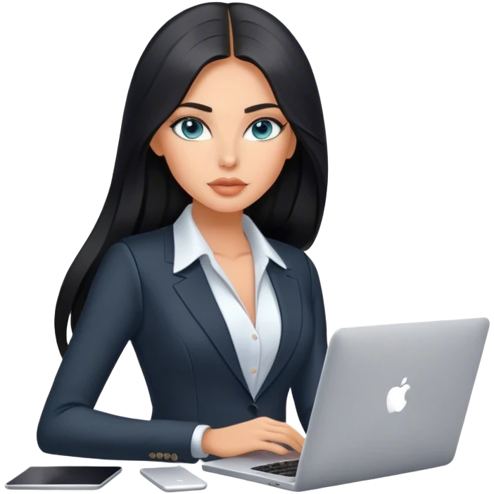 Glamours tanned very beautiful girl with pump peach nude lips and black straight smooth long hair, blue-grey eyes in beautiful black vest from the suit with MacBook emoji