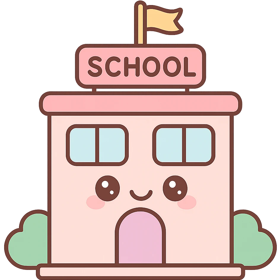 school building, kawaii chibi anime style, flat pastel colors, thick outlines, simple cute features emoji