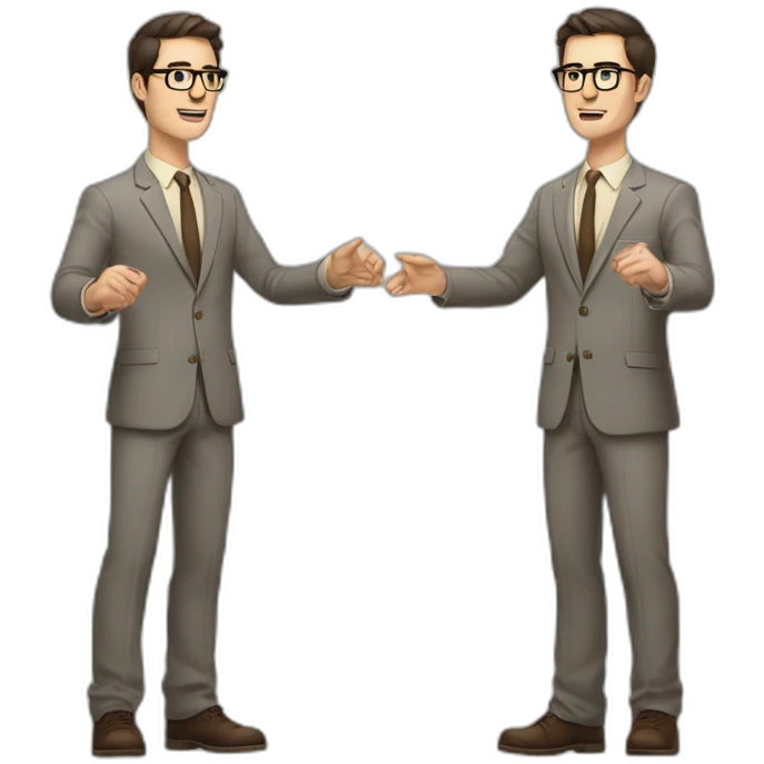 Full height Actively gesturing with hands Pale skinned fit man with dark brown hair in gray jacket, beige office shirt, brown tie, brown pants and vintage glasses. emoji