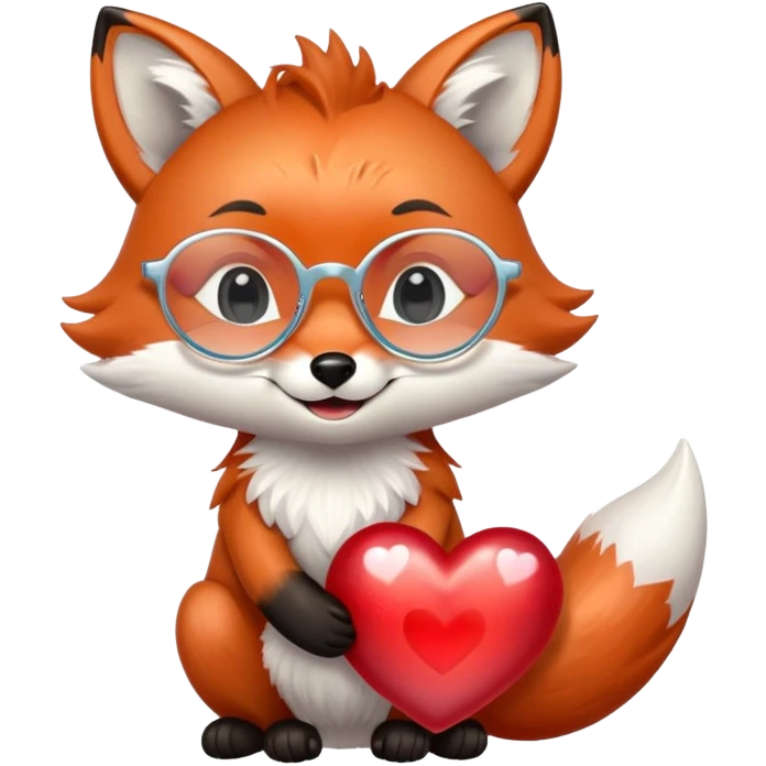 A dreamy fox with iridescent fur, a glowing tail, a silver star on its forehead, and round glasses, hugging a big red heart and smiling warmly. 🦊❤️ emoji