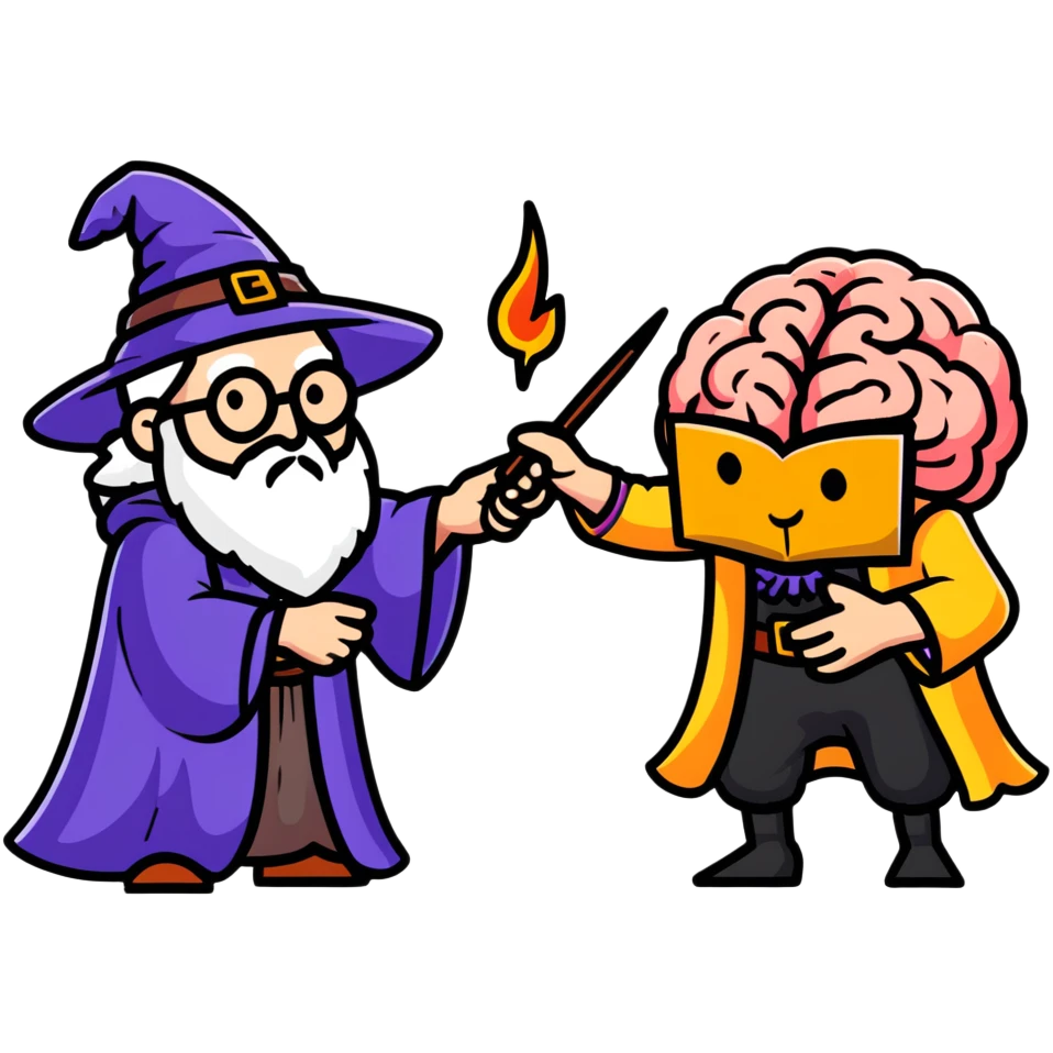 wizard and brain dueling with spells emoji