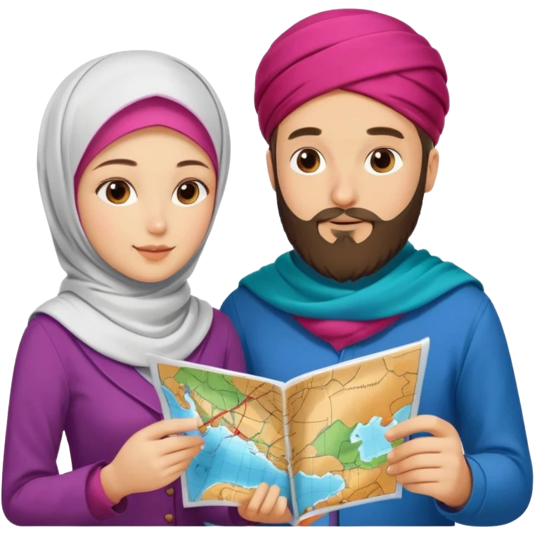 Russian man and elegant turkish girl in cute outfits with a map planning  emoji