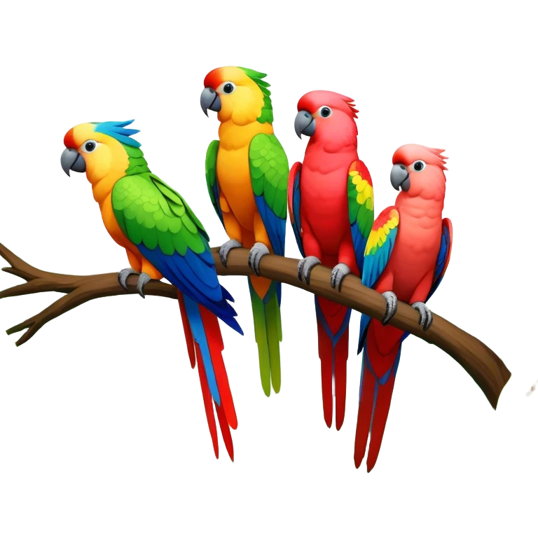 Close-up collage of vibrant Ara parrots and Inca cockatoos sitting on tree branches, surrounded by lush greenery. Bright colors of the birds stand out against a natural, sunny background of trees and flowers. Transparent background. emoji