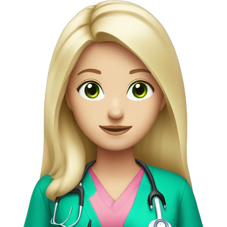 pale blonde girl with long hair and green eyes wearing pink scrubs and stethoscope  emoji