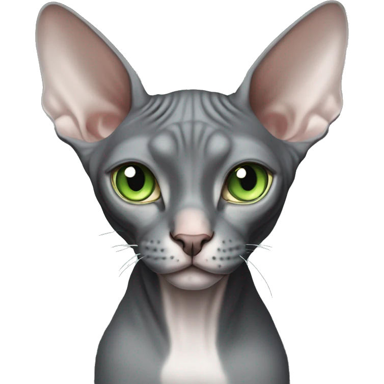 Dark grey sphynx cat with light green eyes and white nose emoji