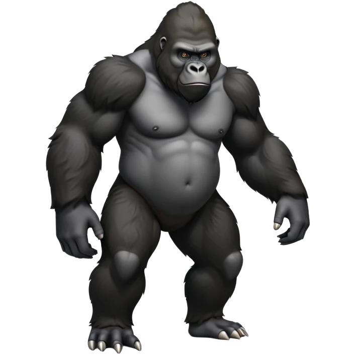 cinematic-gorilla-realistic-full-body-standing on all fours-emoji,-broad-and-powerful-frame-poised-with-confidence,-massive-arms-hanging-slightly-forward,-head-tilted-thoughtfully,-thick-black-fur,-deep-dark-eyes-full-of-intelligence,-simplified-yet-realistic emoji