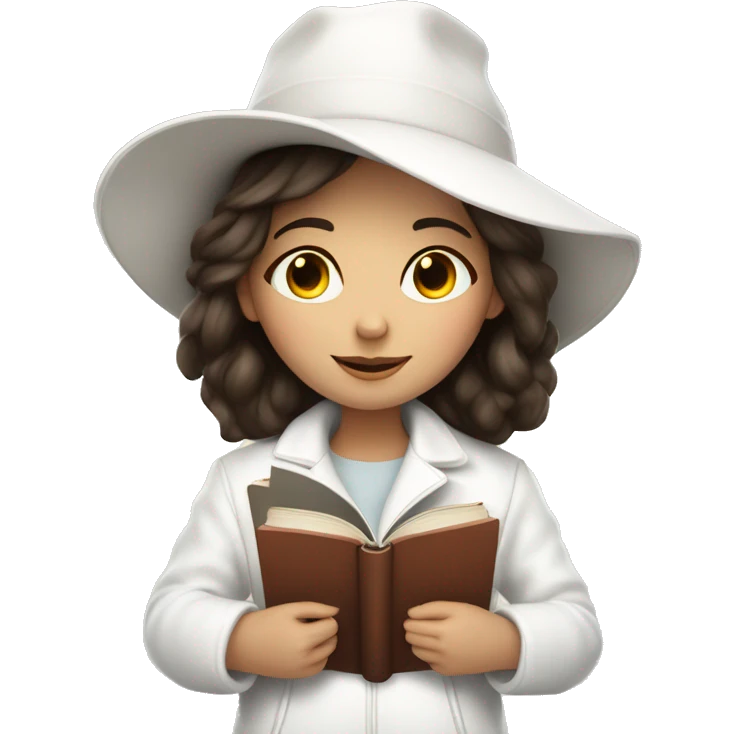 brunette girl in a white jacket in a white hat hugs a book emoji