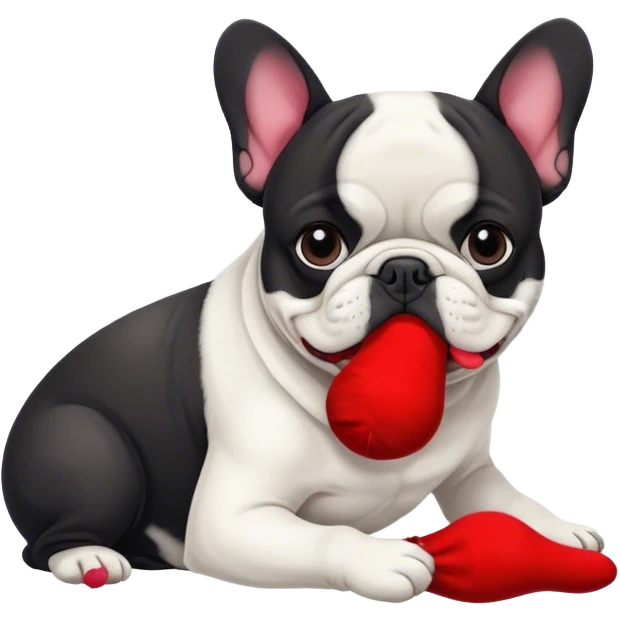 Black and white Bouledogue français eating a red sock  emoji