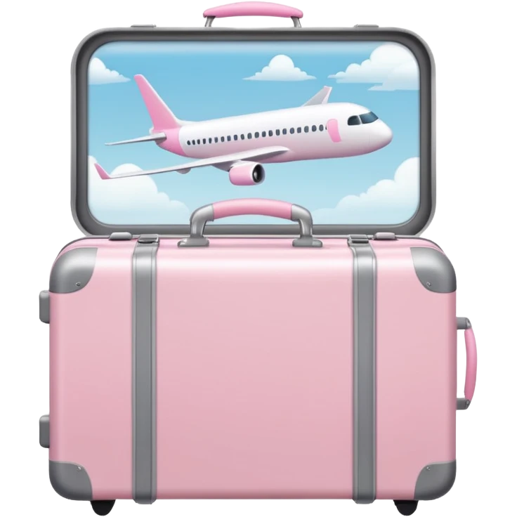 White suitcase with pastel pink handle, placed near airplane window, soft light emoji