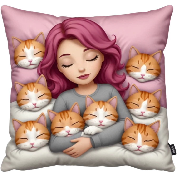girl with long wavy brown hair, long lashes makeup, sexy pink lips, light to medium complexion,  sleeping on a cozy pillow, with 6 cats: 1 ginger/white, 1 grey with white paws, 1 calico, 2 grey and white and one tabby and white emoji