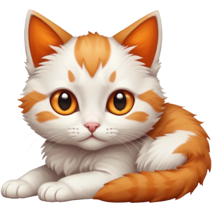 full body of very small + skinny ginger and white kitten with deep orange eyes and triangular shaped face lying down emoji