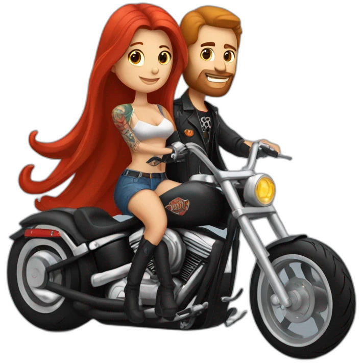 Guy with tattoos and long hair riding a Harley chopper motorcycle with a pretty red haired girlfriend  emoji