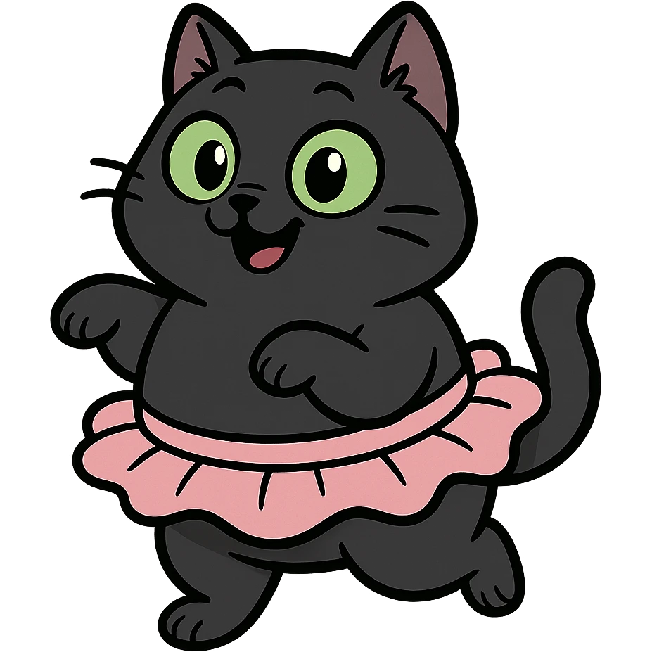chubby black cat, shiny green eyes, pink tutu, cartoon style, playful and cute emoji