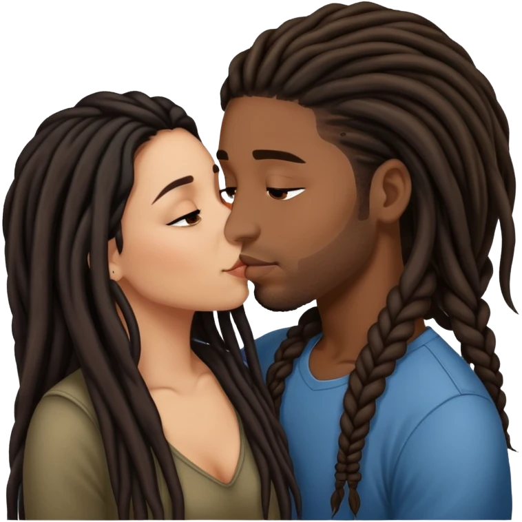 Latina Woman with long hair kissing a young black guy with dreads no beard emoji