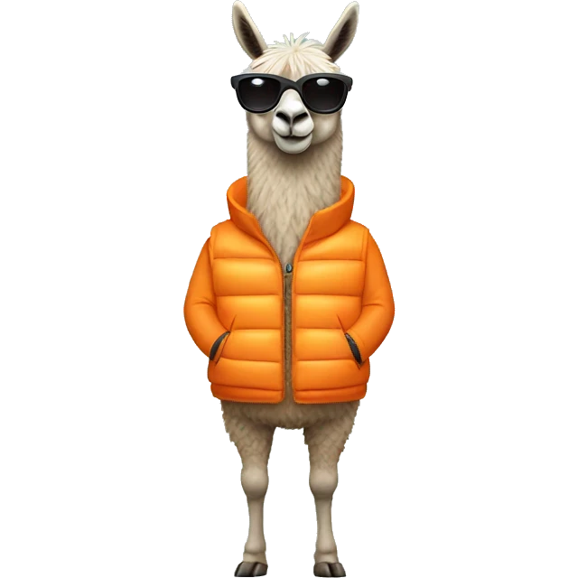 llama wearing an orange puffer vest and sun glasses full body emoji
