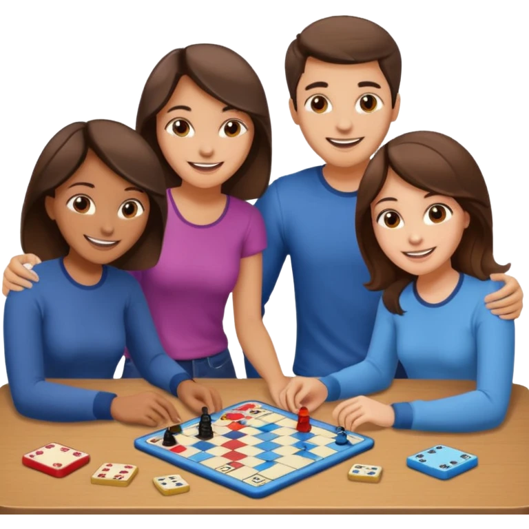 2 male and 2 female brunette friends playing board game emoji