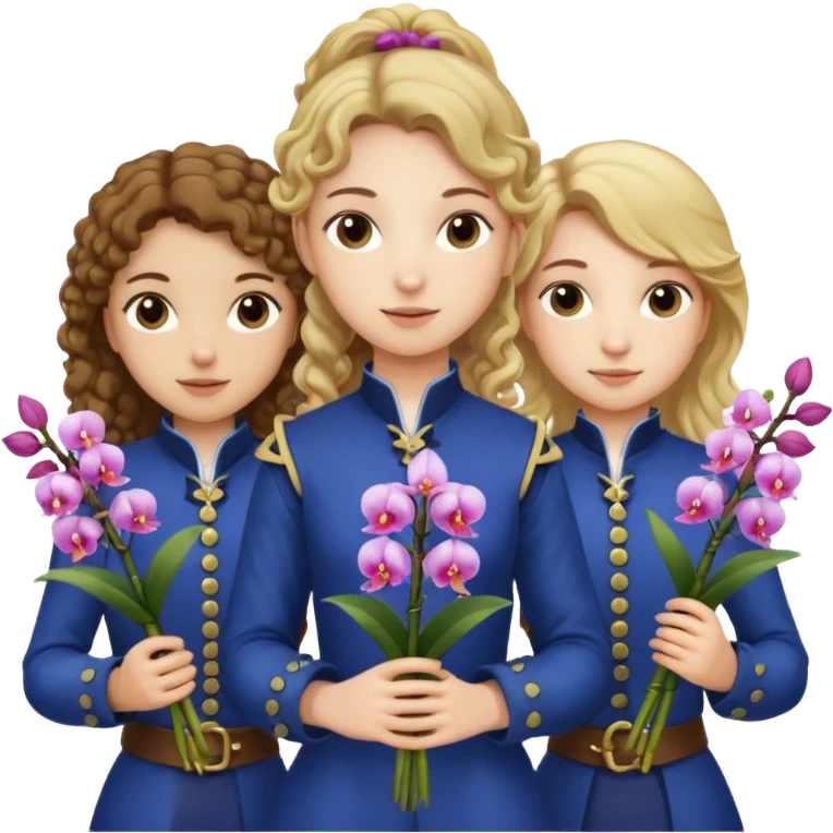 3 female musketeers, one with brown curly hair, one with straight blond hair, one with blond hair in pony tail, all holding orchids emoji