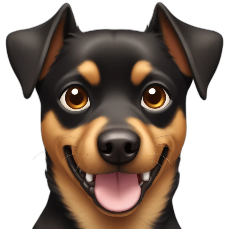 black brown mutt dog with mostly small german shephard head but with larger chihuahua eyes and large overbite with her left upper sharp canine tooth a bit crooked and sticking out mouth emoji