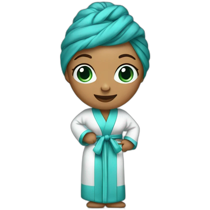 Woman in full body pinstripe bathrobe with turquoise turban emoji