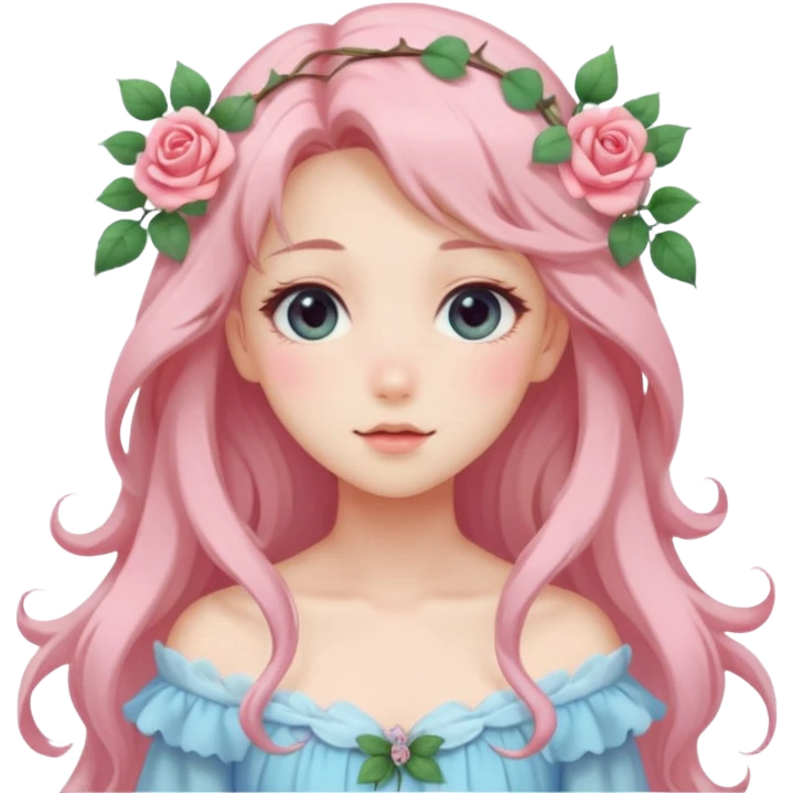 gorgeous pastel anime style lady with blushing face and roses cottagecore fairy emoji