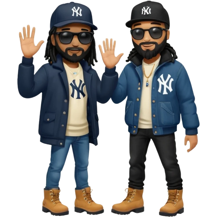African American man with shoulder length black dreadlocks with black beard wearing black sunglasses wearing a New York Yankees logo baseball cap wearing a black bubble winter coat wearing denim skinny jeans and Timberland boots hand giving someone a high five handshake emoji