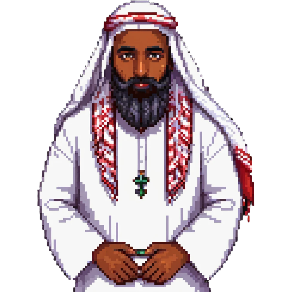 friendly Saudi man with wide beard, sharp features, white thobe, red shemagh, pixel art aesthetics emoji