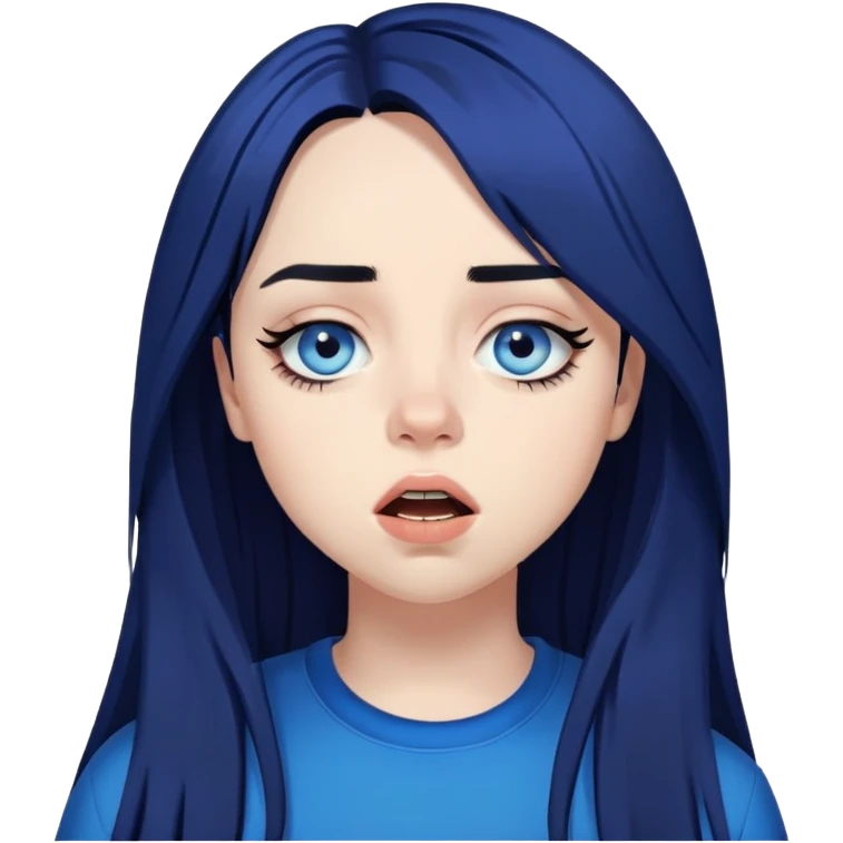 billie eilish long black hair blue eyes dark eyeliner makeup, singing emoji