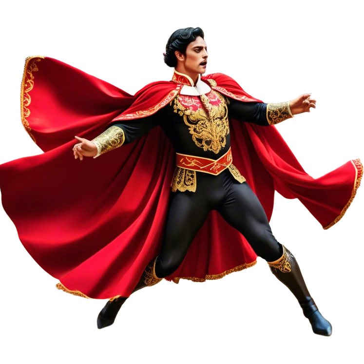​Cinematic Realistic Spanish Matador Holding a Red Cape, depicted in mid-action with a vibrant red cape flowing in the wind, dressed in an ornate traje de luces with shimmering details, confronting a charging bull in a dramatic arena, rendered with dynamic motion blur and vivid, high-contrast lighting, emoji