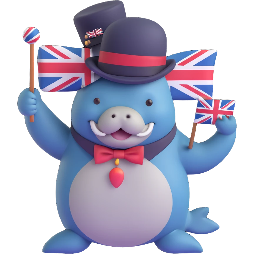 British manatee wearing a bowler hat and monocle, holding a Union Jack flag, 3D emoji style emoji