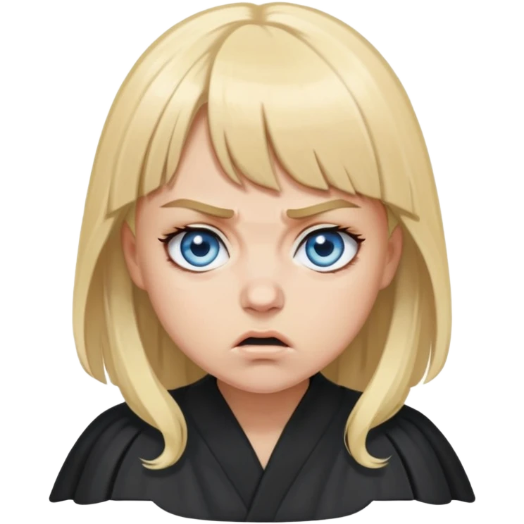 Very Angry with small blue eyes, blonde hair with bangs, circles under her eyes from being tired,wearing a black judges robe emoji