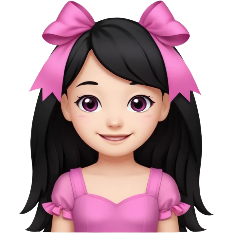 A cute girl, long black hair with 🎀, black eyes, wearing a pink dress  emoji