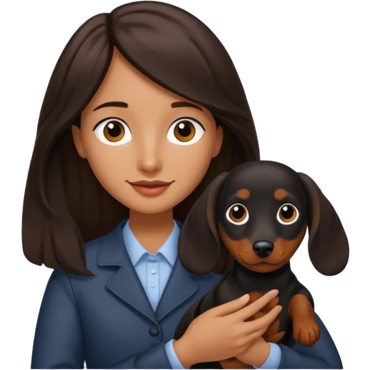 A dark brown long haired a lil bit wavy hair holding a daschund dog black emoji