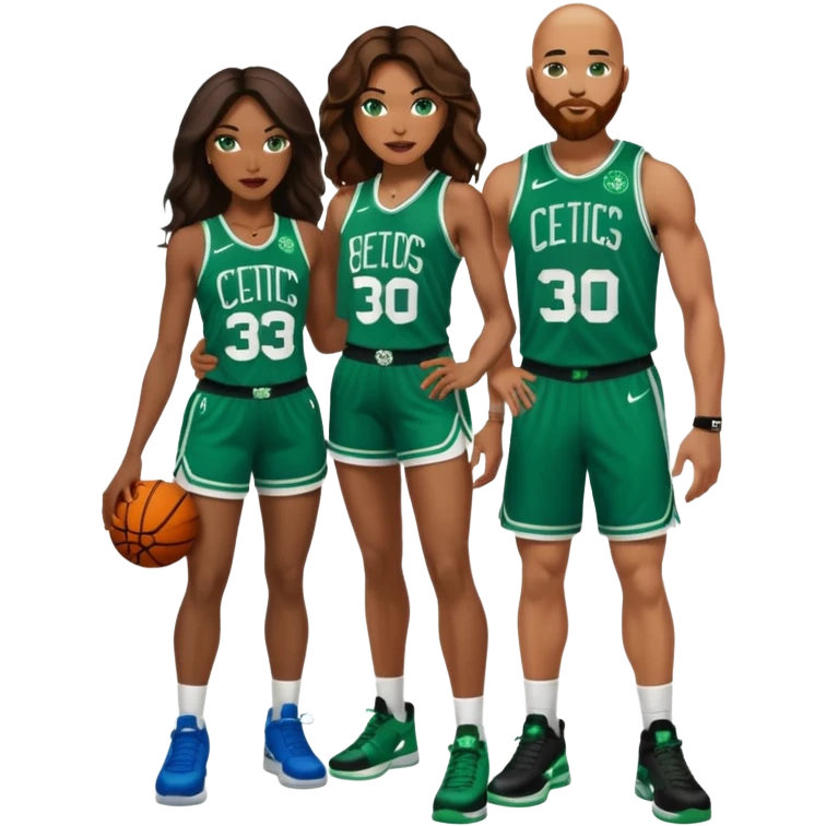 48-year-old black woman with brown eyes, long dark brown balayage hair dressed in sexy 
celtics jersey costume outfit & stilettos with bald white man with ginger beard, and he has blue eyes, wearing a Jason Tatum Boston Celtics Jersey, matching Nike sneakers  emoji