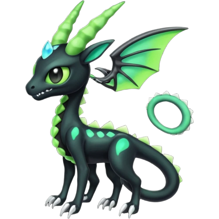 Horned Evil Cool Handsome Badass Edgy Obsidian-black and neon-glowing-green skeletal Meloetta-Salandit-Gorebyss-Zygarde-Pokémon-Fakémon-creature-fusion-hybrid emoji