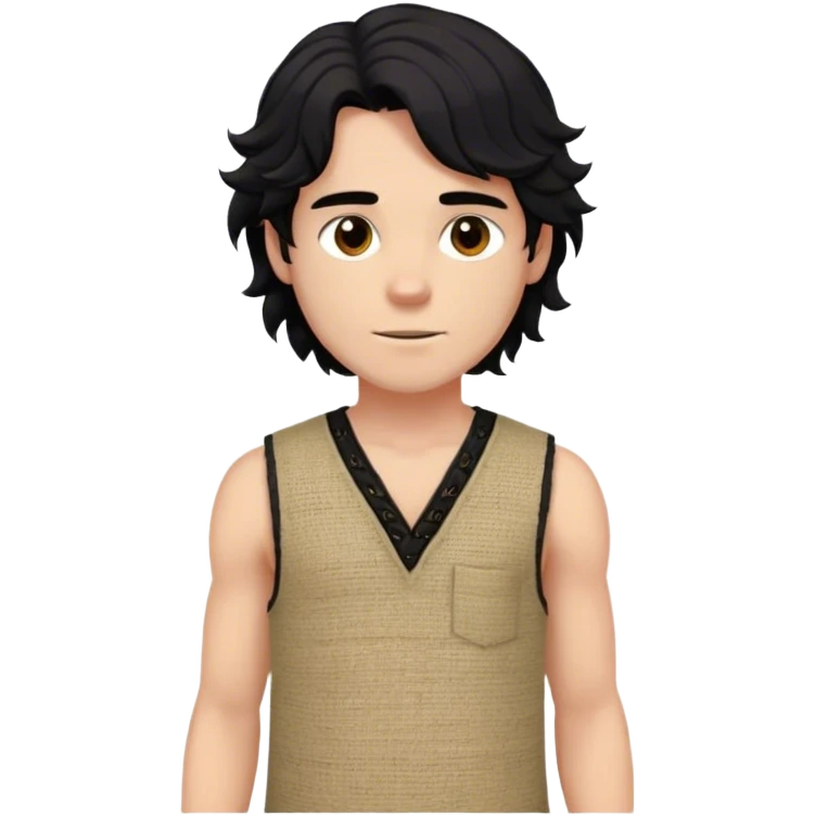 medieval summer outfit worn by a DnD themed fantasy male character. basic sleeveless hemp tunic with a reinforced collar and a crude stitch pattern. clothes only above the waist. The clothes full waist. The character's haven't arms. character is white-skinned, jet black hair, brown eyes, medium-length wavy hair. emoji